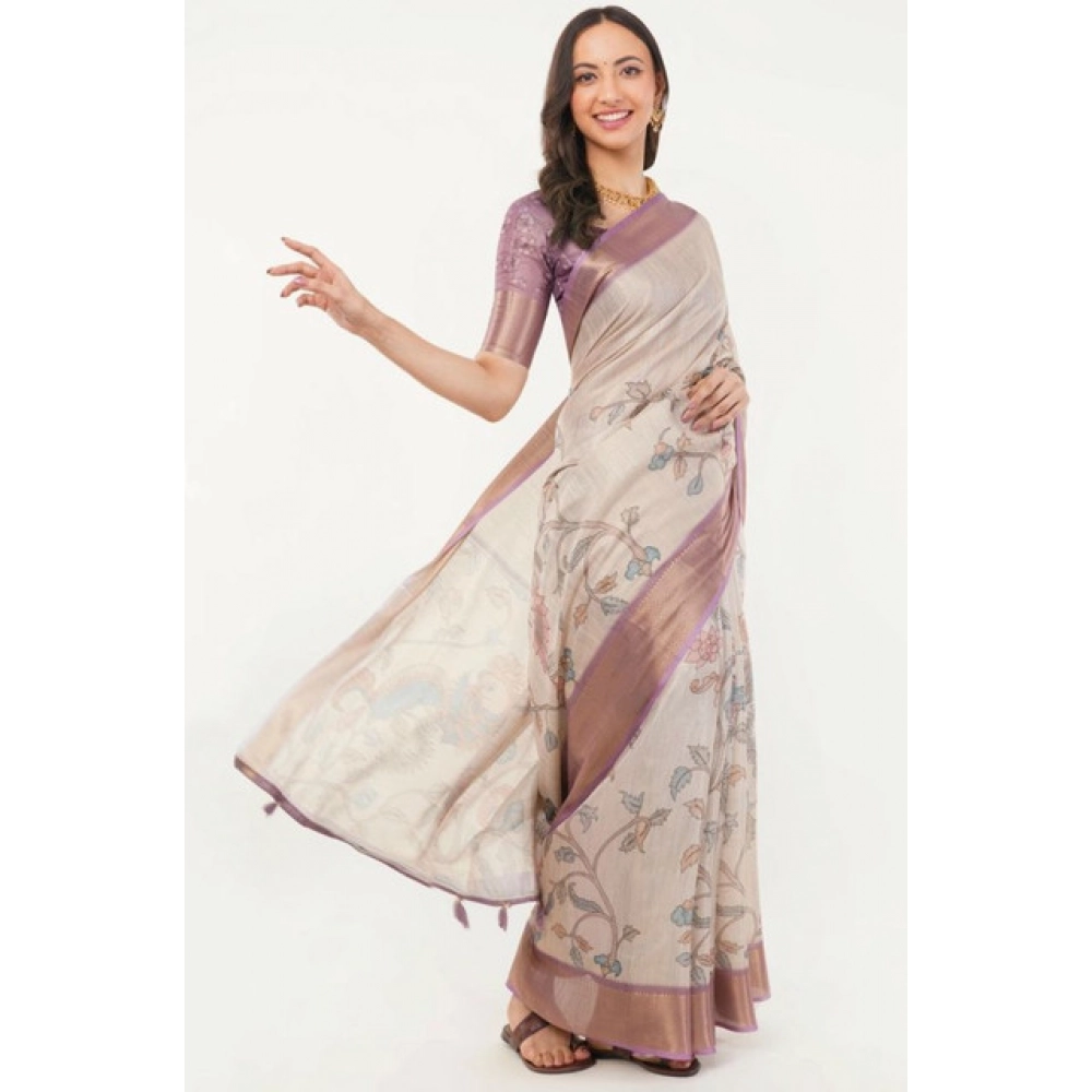 Women's Polyester Printed Saree With Unstitched Blouse 5.5 Mtr (Cream)