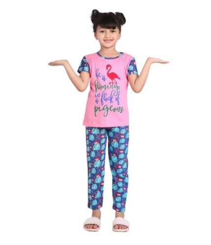 Girl's Cotton Hosiery Printed Night Suit Set (Pink-Blue)