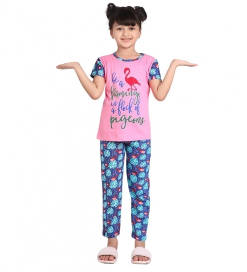 Girl's Cotton Hosiery Printed Night Suit Set (Pink-Blue)