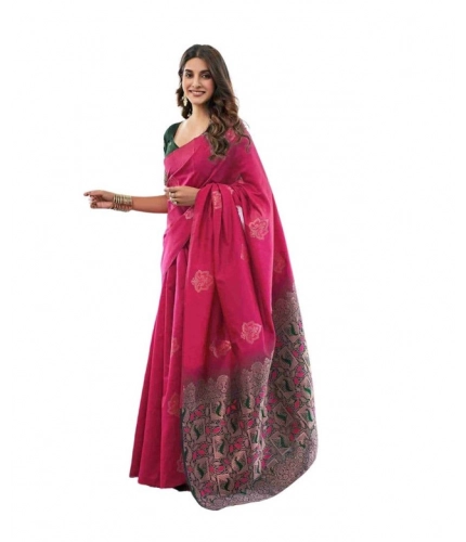Women's Soft Lichi Silk Printed Saree With Unstitched Blouse 5.5Mtr (Pink)