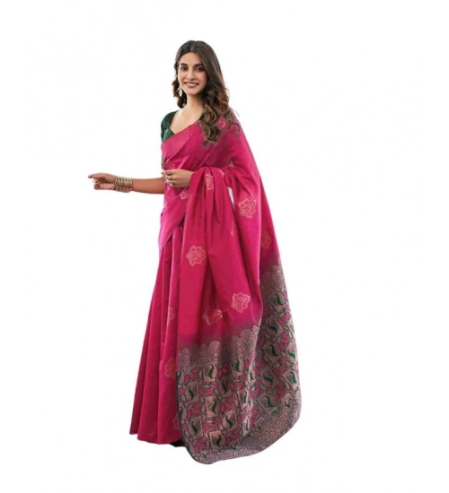 Women's Soft Lichi Silk Printed Saree With Unstitched Blouse 5.5Mtr (Pink)