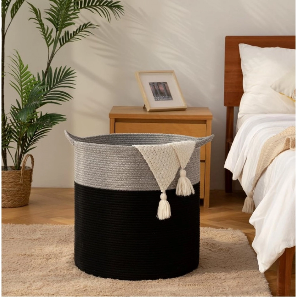 Cotton 12x14 Inch- 1 Pcs Storage Basket For Clothes (Gray-Black)