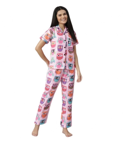 Women's Cotton Blend Printed Short Sleeve Night Suit (Pink)