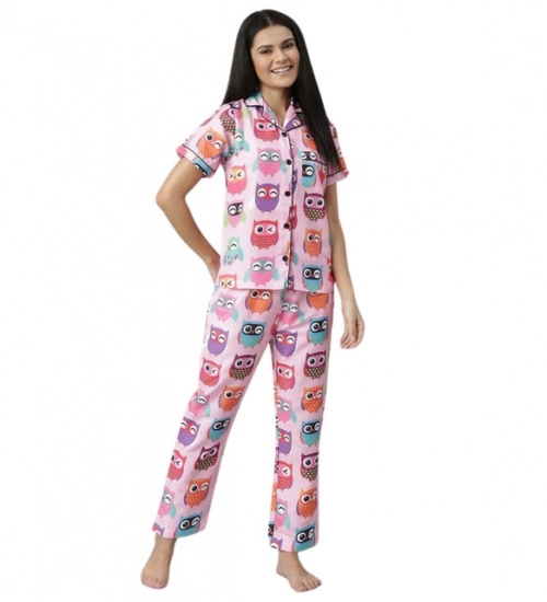 Women's Cotton Blend Printed Short Sleeve Night Suit (Pink)
