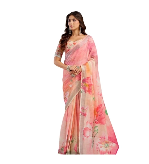 Women's Linen Cotton Printed Ready To Wear Saree With Unstitched Blouse 5.5 Mtr (Light_Peach)