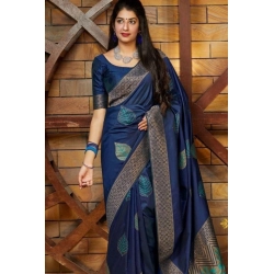 Women's Litchi silk Printed Saree With Unstitched Blouse (Blue)