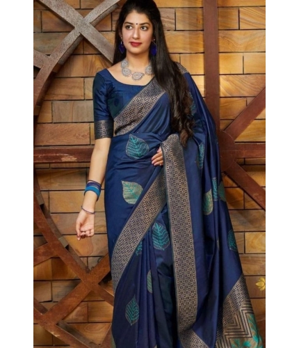 Women's Litchi silk Printed Saree With Unstitched Blouse (Blue)