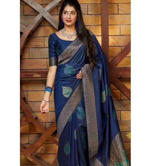 Women's Litchi silk Printed Saree With Unstitched Blouse (Blue)