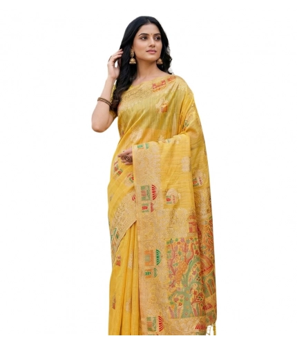 Women's Linen Cotton Printed Saree With Unstitched Blouse 5.5Mtr (Yellow)