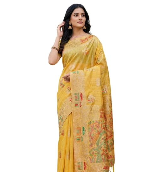 Women's Linen Cotton Printed Saree With Unstitched Blouse 5.5Mtr (Yellow)