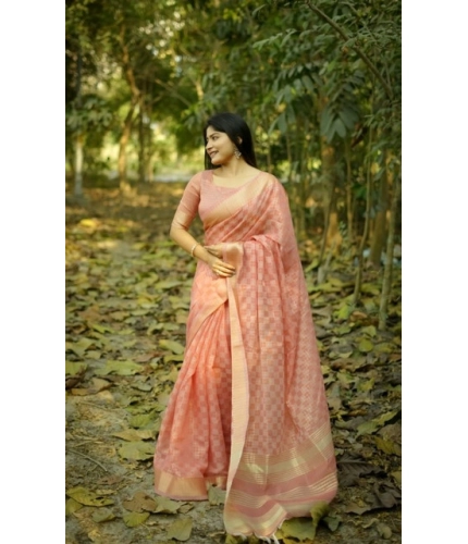 Women's Silk_Blend Checked Saree With Unstitched Blouse 5.5Mtr (Peach)