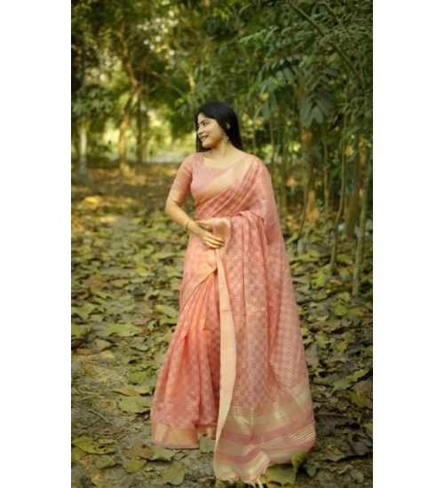Women's Silk_Blend Checked Saree With Unstitched Blouse 5.5Mtr (Peach)