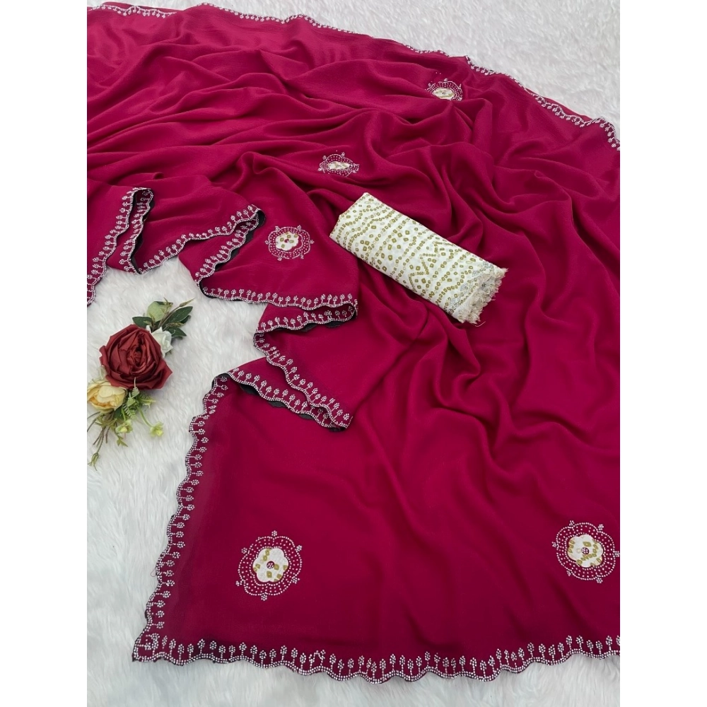 Women's Chiffon Butti Dotted Saree With Unstitched Blouse 5.5Mtr (Pink)