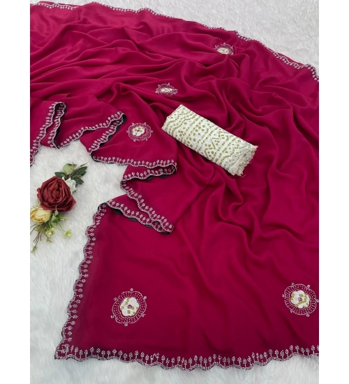 Women's Chiffon Butti Dotted Saree With Unstitched Blouse 5.5Mtr (Pink)