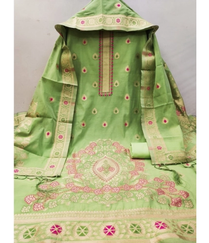 Women's Banarasi Silk Printed Unstitched Salwar Suit Material With Dupatta (Pista, 3Mtrs)