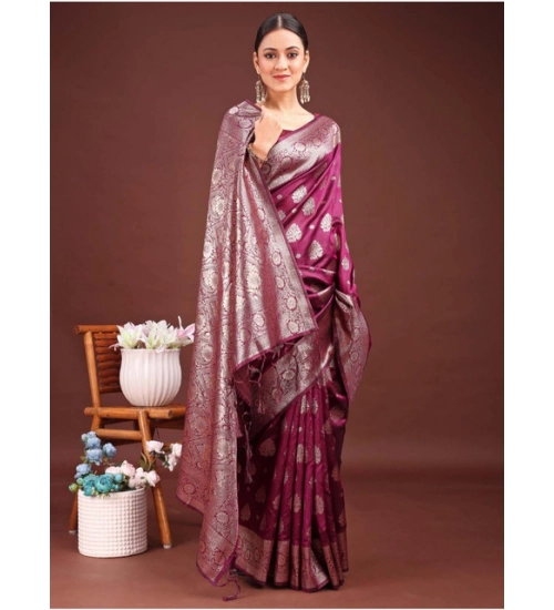 Women's Banarasi Silk Printed Saree With Unstitched Blouse 5.5Mtr (Purple)