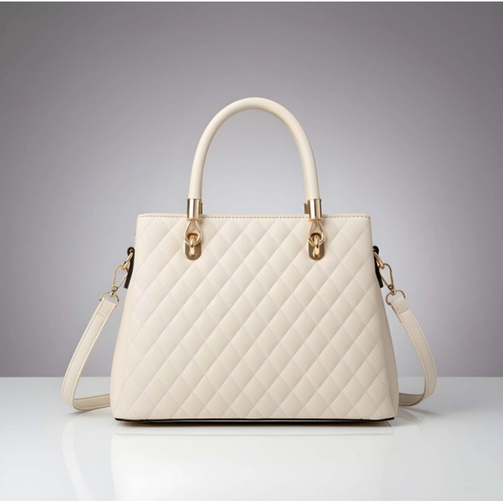 Women's PU Leather Solid Shoulder Zipper Handbag (Cream)