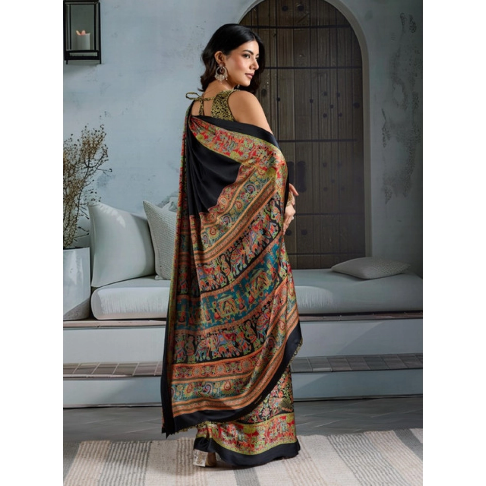 Women's Satin Crepe Printed Saree With Unstitched Blouse 5.5Mtr (Blue)