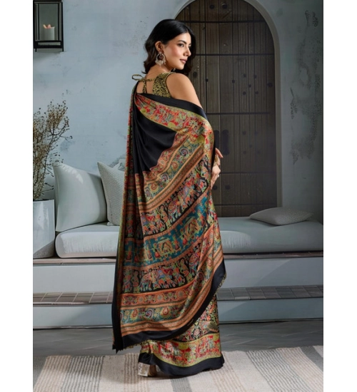 Women's Satin Crepe Printed Saree With Unstitched Blouse 5.5Mtr (Blue)