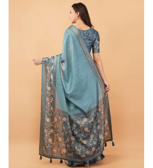 Women's Polyester Printed Saree With Unstitched Blouse 5.5 Mtr (Blue)