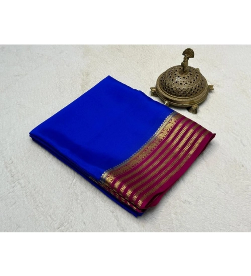 Women's Crepe Chit Pallu Solid Saree With Unstitched Blouse 5.5Mtr (Navy Blue)