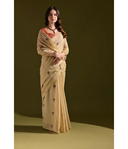 Women's Blended_Cotton Floral Saree With Unstitched Blouse 5.5Mtr (Beige)