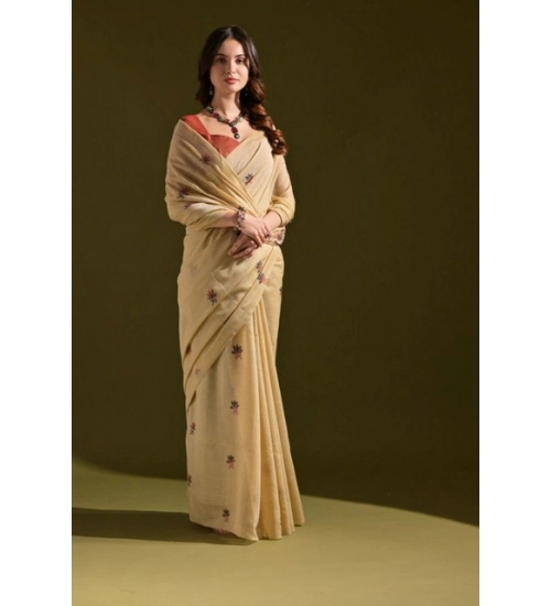 Women's Blended_Cotton Floral Saree With Unstitched Blouse 5.5Mtr (Beige)