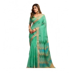 Women's Linen Cotton Printed Ready To Wear With Pocket Saree With Unstitched Blouse 5.5 Mtr (Light_Green)