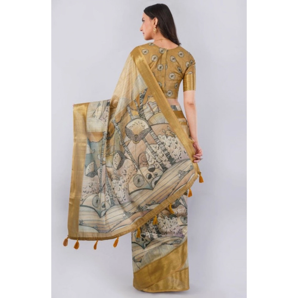 Women's Polyester Printed Ready To Wear Saree With Unstitched Blouse 5.5 Mtr (Gold)