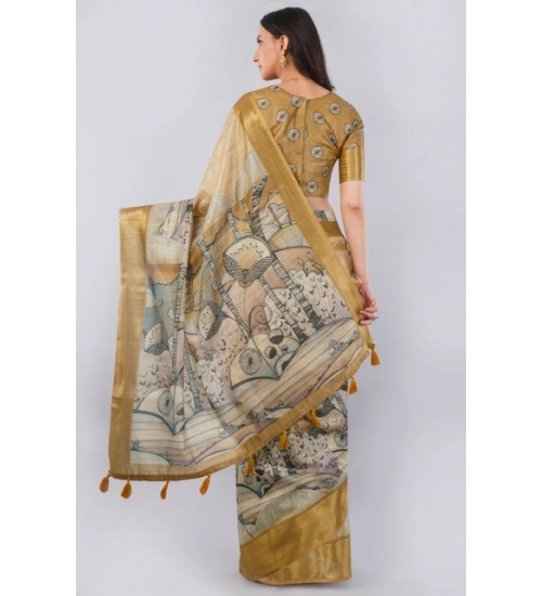 Women's Polyester Printed Ready To Wear Saree With Unstitched Blouse 5.5 Mtr (Gold)