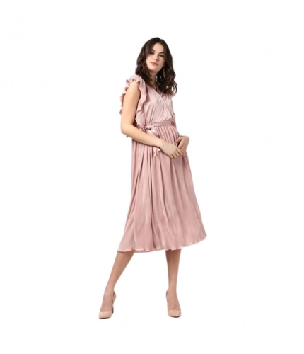 Women's Polyester Pleated Flutter Dress (Champagne Gold)