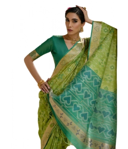 Women's Silk_Blend Ethnic Ikat Pattern Saree With Unstitched Blouse 5.5Mtr (Light_Green)