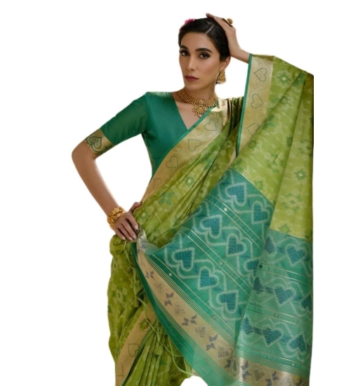 Women's Silk_Blend Ethnic Ikat Pattern Saree With Unstitched Blouse 5.5Mtr (Light_Green)