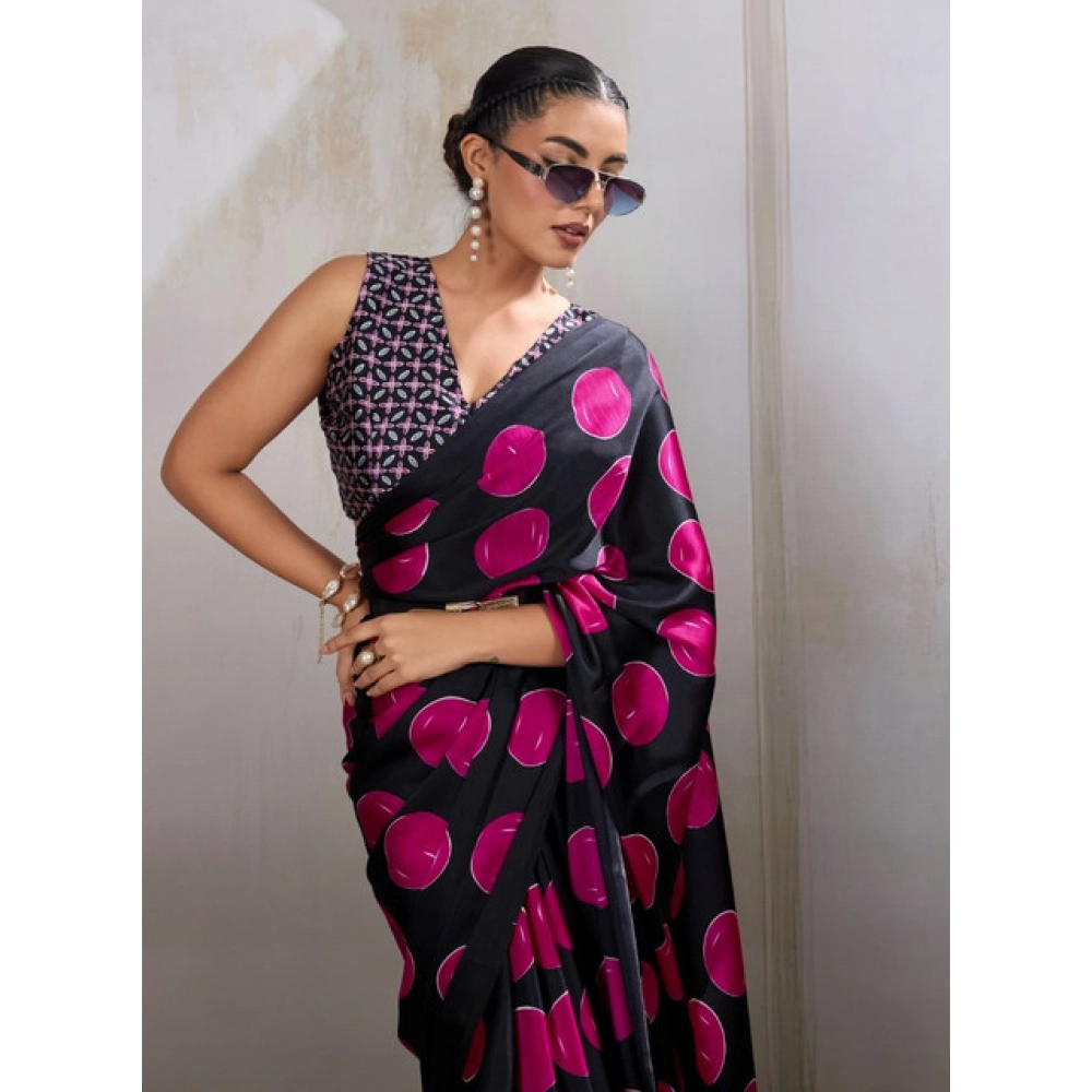 Women's Satin Crepe Printed Saree With Unstitched Blouse 5.5Mtr (Pink)