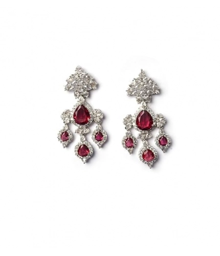Women's Brass Silver Plated Drop Earrings (Red)