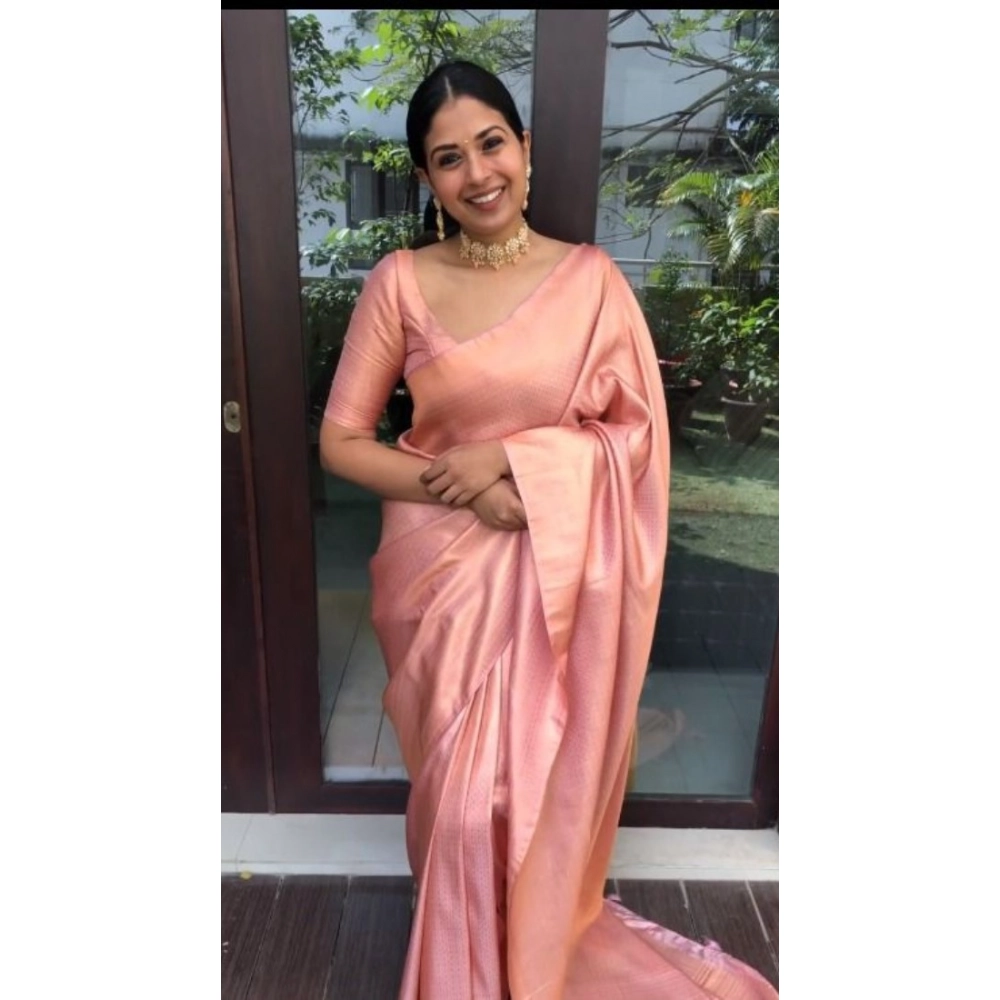 Women's Litchi silk Printed Saree With Unstitched Blouse (Peach) Women's Litchi silk Printed Saree With Unstitched Blouse (Peach)