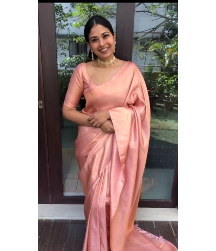 Women's Litchi silk Printed Saree With Unstitched Blouse (Peach)