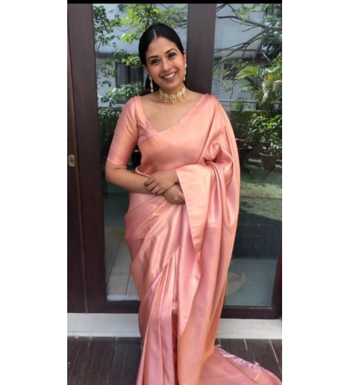 Women's Litchi silk Printed Saree With Unstitched Blouse (Peach)