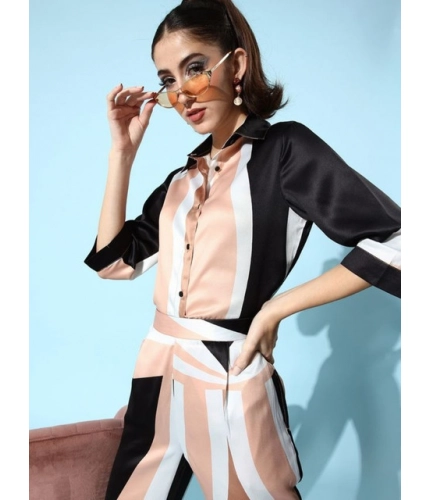 Women's Satin Colour Block Long Sleeves Co-Ord Set (Beige - Black)