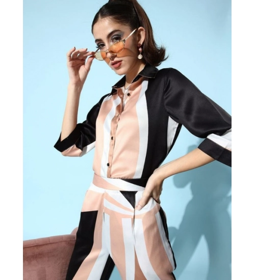 Women's Satin Colour Block Long Sleeves Co-Ord Set (Beige - Black)