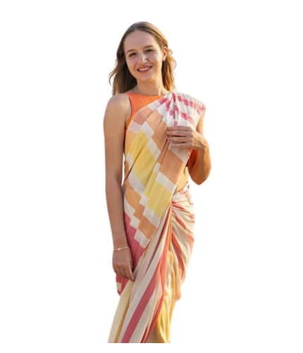 Women's Linen Printed Saree With Unstitched Blouse 5.5Mtr (Yellow)
