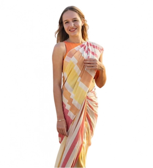 Women's Linen Printed Saree With Unstitched Blouse 5.5Mtr (Yellow)