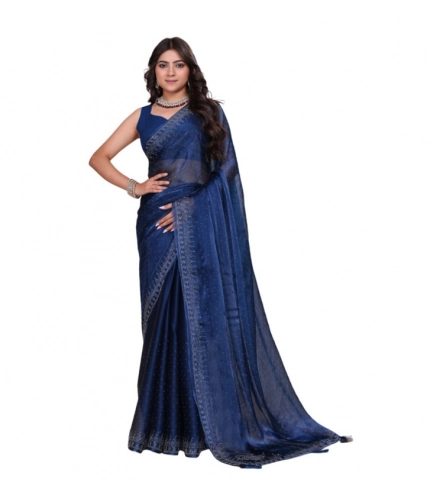 Women's Jimmy choo Embellished Bollywood Saree With Unstitched Blouse 5.5Mtr (Blue)