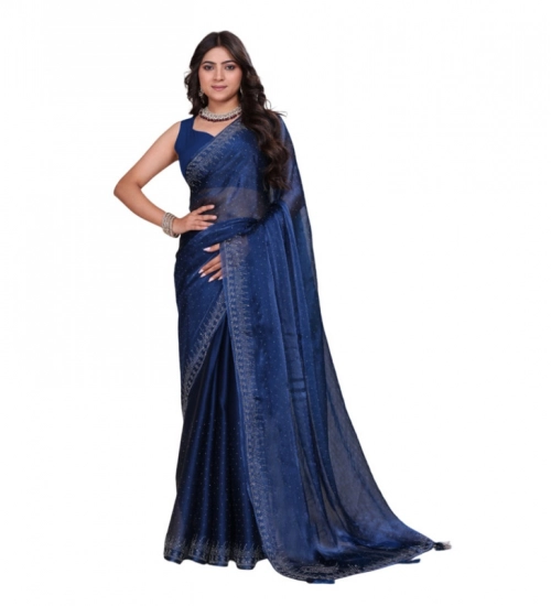 Women's Jimmy choo Embellished Bollywood Saree With Unstitched Blouse 5.5Mtr (Blue)