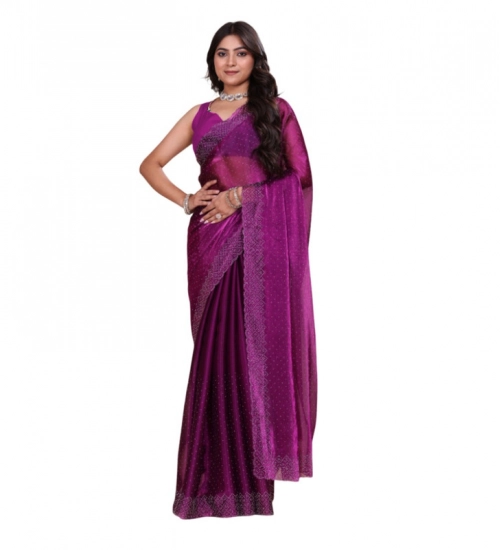 Women's Jimmy choo Embellished Bollywood Saree With Unstitched Blouse 5.5Mtr (Purple)