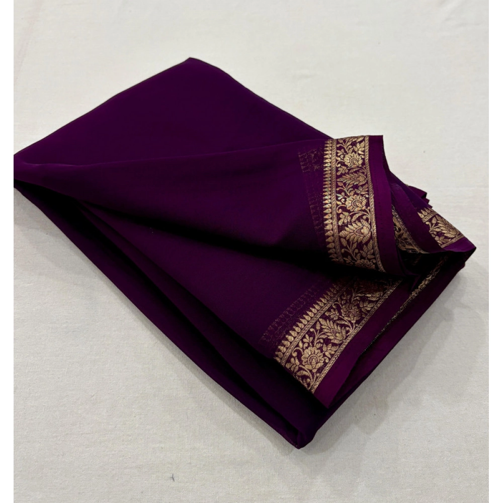 Women's Crepe Chit Pallu Solid Saree With Unstitched Blouse 5.5Mtr (Dark Purple) Women's Crepe Chit Pallu Solid Saree With Unstitched Blouse 5.5Mtr (Dark Purple)