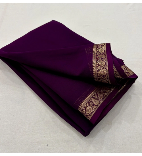 Women's Crepe Chit Pallu Solid Saree With Unstitched Blouse 5.5Mtr (Dark Purple)