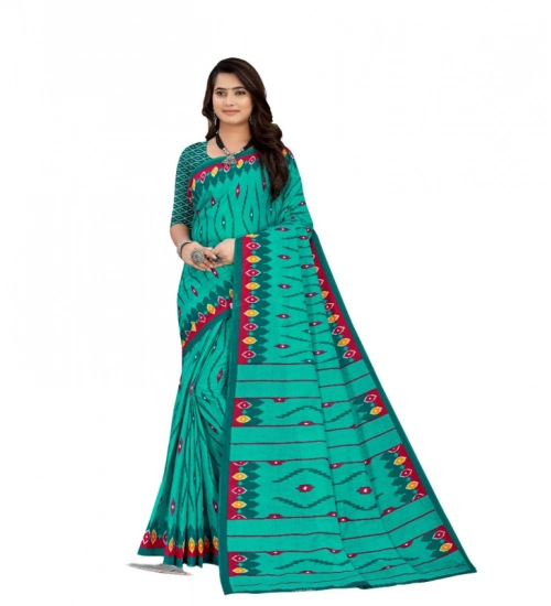 Women's Soft Pure Cotton Printed Saree With Unstitched Blouse 5.5Mtr (Blue)