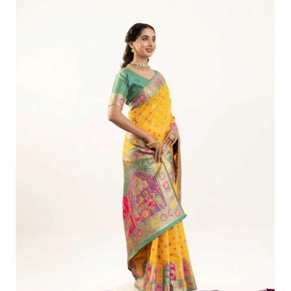 Women's Faux_Banarasi Woven Motifs Saree With Unstitched Blouse 5.5Mtr (Yellow)