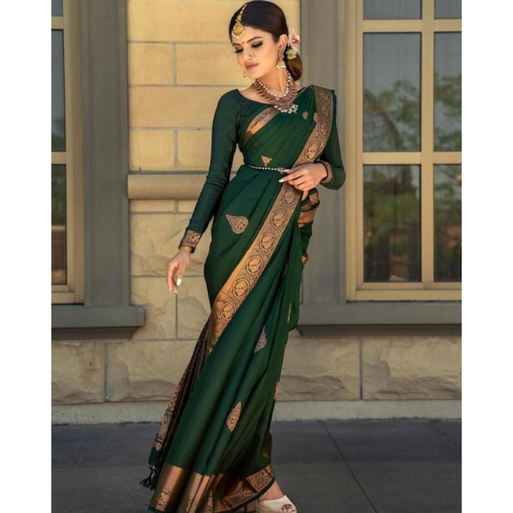 Women's Soft Lichi Silk Printed Saree With Unstitched Blouse 5.5Mtr (Green)